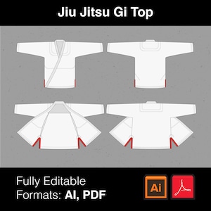May include: Four views of a white Jiu Jitsu Gi top design. The top features a collar, sleeves, and red accents. The text "Jiu Jitsu Gi Top" is at the top. The bottom text reads "Fully Editable Formats: AI, PDF".