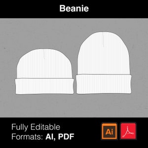 May include: Two white beanie hats, one larger than the other, with a ribbed texture. The text "Beanie" is above the hats. The text "Fully Editable" and "Formats: AI, PDF" is below the hats. The Adobe Illustrator and Adobe Acrobat icons are in the bottom right corner.