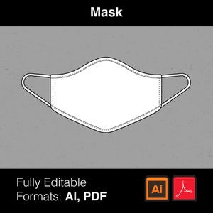 May include: A white outline of a face mask with a stitched seam around the edges. The mask is fully editable in AI and PDF formats.