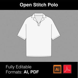 Può includere: Un design di polo bianco a maglia aperta con maniche corte e colletto, su sfondo grigio. Il testo "Open Stitch Polo" è in alto e "Fully Editable Formats: AI, PDF" in basso.