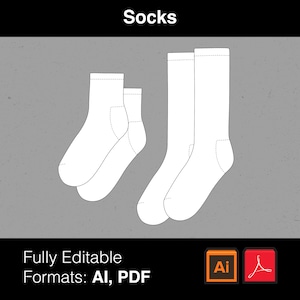 Puede incluir: Un conjunto de tres calcetines blancos de diferentes tamaños. Los calcetines se muestran sobre un fondo gris texturizado. El texto "Socks" está en la parte superior de la imagen. El texto "Fully Editable Formats: AI, PDF" está en la parte inferior de la imagen. Los iconos de Adobe Illustrator y Adobe Acrobat también están en la parte inferior de la imagen.