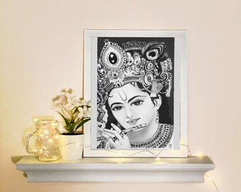 Lord Krishna pencil drawing print | Krishna Artwork | Hindu Gods Wall Art | Spiritual Decor | God Krishna | Hindu God Poster | religion