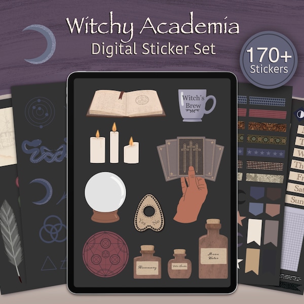 Witchy Academia Digital Sticker Set | Pre-Cropped Stickers for Digital Planners, GoodNotes, Student Notes, Bullet Journals