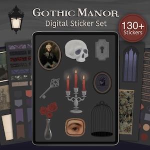 Puede incluir: Un conjunto de pegatinas digitales con temática de mansión gótica. El conjunto incluye más de 130 pegatinas con imágenes de una calavera, una llave, un candelabro, una jaula para pájaros, una ventana, un retrato y mucho más. Las pegatinas son perfectas para añadir un toque de encanto gótico a tu agenda, diario u otros proyectos.