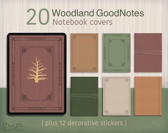 May include: 20 Woodland GoodNotes notebook covers with 12 decorative stickers. The covers feature a variety of colours and designs, including brown, green, and beige. The covers are all blank, allowing you to personalise them with your own notes and drawings.