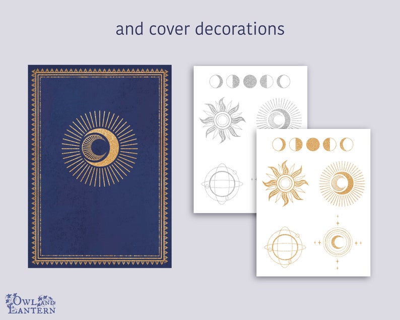 May include: A blue notebook cover featuring a gold crescent moon and sunburst design. The cover is decorated with a gold geometric border. The image also shows a sheet of stickers with various moon and sun designs in gold and silver.