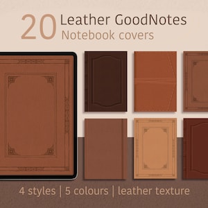 May include: 20 leather GoodNotes notebook covers in 4 styles and 5 colours. The covers have a leather texture and are designed for use with the GoodNotes app.