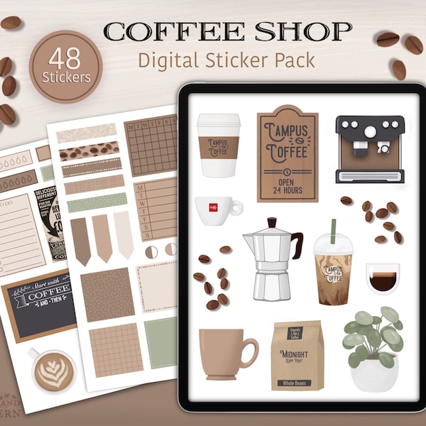 Coffee Shop Digital Sticker Pack | Aesthetic Stickers for GoodNotes, Journals, Planners and Student Notes