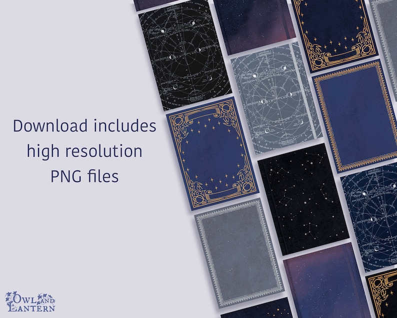 May include: A collection of 10 digital printable papers featuring a celestial theme with constellations, stars, and moons on a dark blue background with gold accents. The papers are perfect for scrapbooking, card making, and other paper crafts.