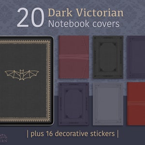 May include: 20 dark Victorian notebook covers with a bat design and 16 decorative stickers. The covers are in various colors, including black, gray, red, and purple.