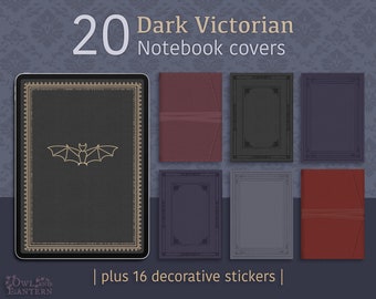 May include: 20 dark Victorian notebook covers featuring a bat design and 16 decorative stickers. The covers are in a variety of colours, including black, grey, red, and purple.