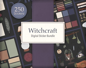 May include: A digital sticker bundle with the text "Witchcraft Digital Sticker Bundle" on a purple background. The bundle includes 250 stickers with various designs, including a crystal ball, a book, a feather, a cauldron, and a moon.