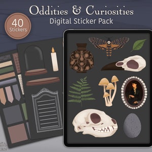 Könnte beinhalten: Ein digitales Sticker-Paket mit 40 Stickern, die eine Vielzahl von seltsamen und kuriosen Illustrationen zeigen. Die Sticker beinhalten einen Schädel, einen Nachtfalter, einen Farn, einen Pilz, eine Vase, eine Kerze, eine Glaskuppel, eine gerahmte Tafel und vieles mehr.