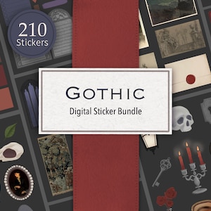 Può includere: Un pacchetto di adesivi digitali a tema gotico. Il pacchetto include 210 adesivi con immagini di teschi, candele, chiavi, rose e altri elementi gotici. Il testo "Gothic Digital Sticker Bundle" è visualizzato su un'etichetta bianca.