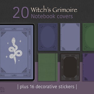 May include: A digital illustration of a silver snake with stars on a purple background. The image is surrounded by a decorative border. The text "20 Witch's Grimoire Notebook covers" is at the top of the image. The text "plus 16 decorative stickers" is at the bottom of the image.