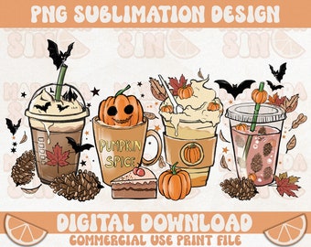Fall Pumpkin Spice Latte PNG: Halloween Coffee Sublimation Design (Digital Download)