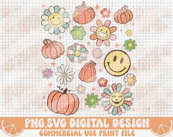 Retro Fall Pumpkin & Flower Smile Face PNG SVG (Digital Download)