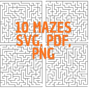 Op de afbeelding: Vier zwart-witte doolhoven gerangschikt in een vierkant. De tekst "10 MAZES SVG, PDF, PNG" staat in oranje over het midden van de afbeelding. De doolhoven zijn ingewikkeld en complex.