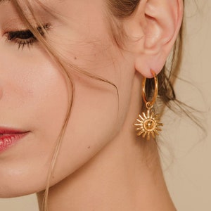 Alectrona Sun Hoop Earrings, Gold Celestial Earrings, Soleil Earrings, Constellation Earrings, Astronomy,