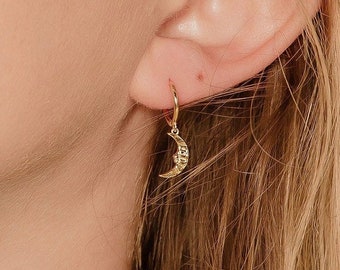 Luna Crescent Moon Earrings, 925 Sterling Silver, Gold Plated, Gift for Her, Drop Earrings