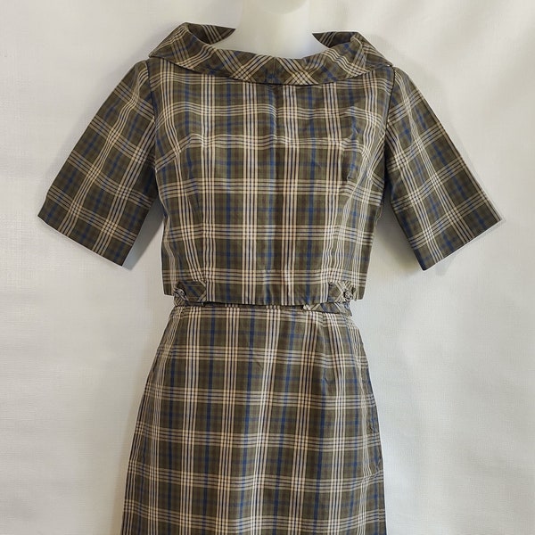 Vintage 50s/60s-Bobbie Brooks-Blouse and Skirt Set-2 Piece Set-XS/S Green,Brown, Blue, White Plaid