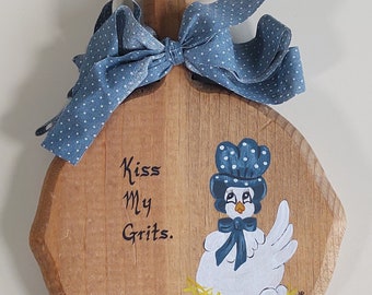 Vintage Handmade Wooden "Kiss my Grits" Chicken Decorative Wall hanging Trivet Paddle Country Farmhouse