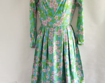 Vintage ~ 50s/60s ~ Pure Shantung Silk ~  Floral Cherry Blossoms ~ Square Neck ~ Long Sleeve ~ Dress