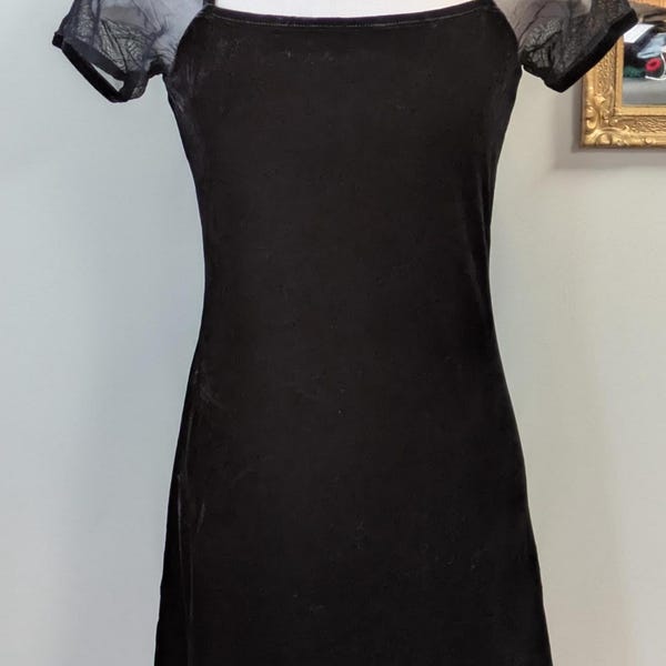 Vintage Black Velvet Mini Dress ~ Y2K ~ Short Mesh Sleeves ~ No Boundaries ~ XS ~ Small