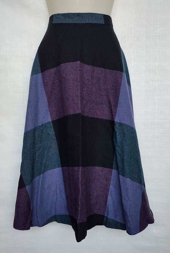 Vintage 70s Purple/Blue/Black Check Midi Circle Sk