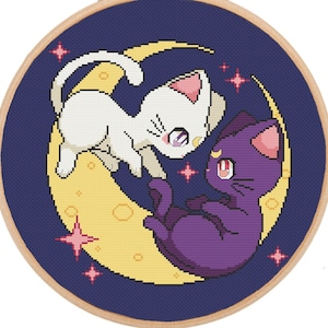 Space Cats Cross Stitch Pattern, Moon