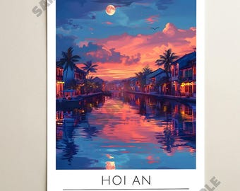 Hoi An Vietnam Travel Poster, City Map, City Poster, Sunset Cityscape, Wall Art