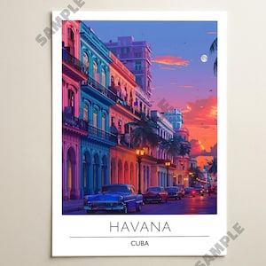 May include: A print depicting a street scene in Havana, Cuba, with colourful buildings and vintage cars. The image showcases a vibrant sunset sky with orange, pink, and blue hues. The word "HAVANA" is printed below the image.