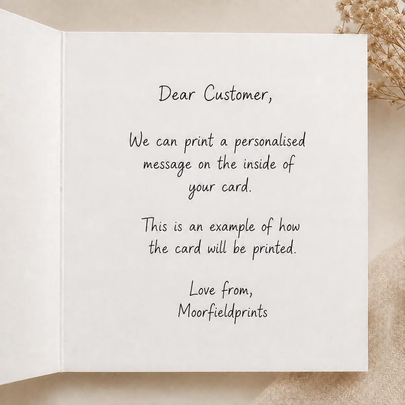 a handwritten message on a card, which is an example of how the card will be printed.