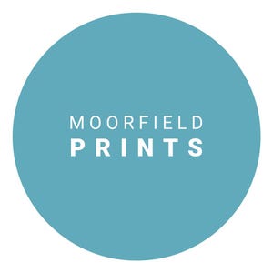 A blue circular logo with the text "MOORFIELD PRINTS" displayed prominently in the center.