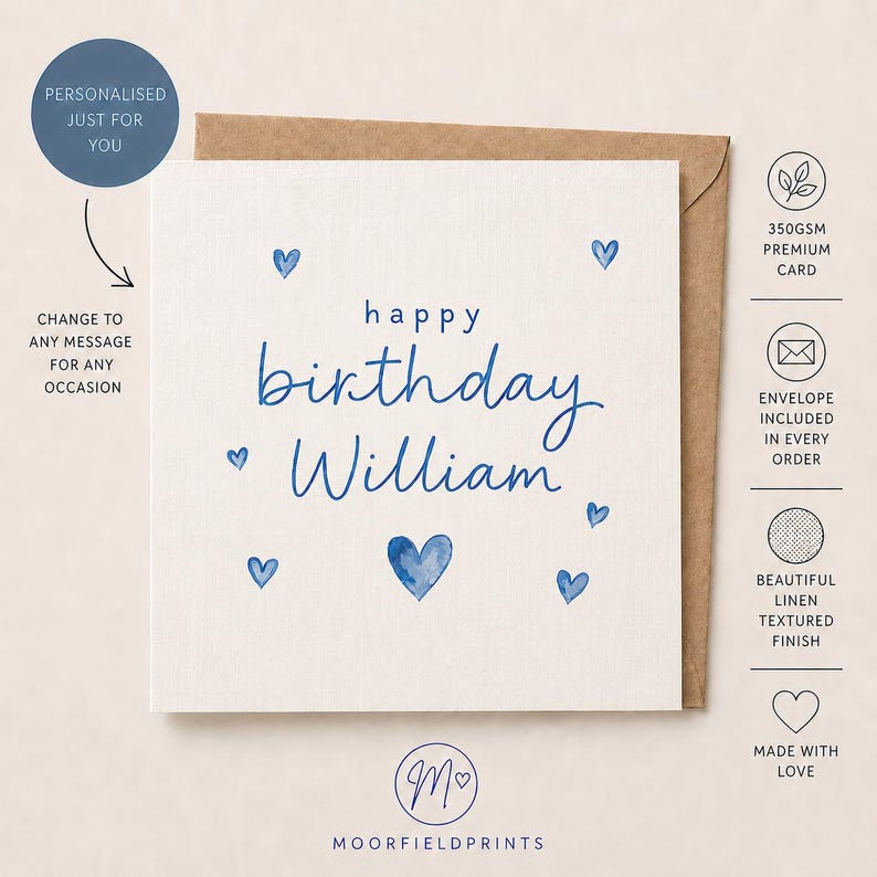 The image is a birthday card for William, with a personalized message and a premium card. The card is made of paper and has a brown envelope. The card is designed to be a thoughtful and special gift for William's birthday.