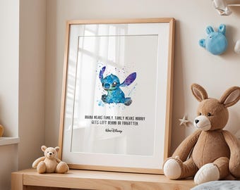 Lilo y Stitch - Arte minimalista en acuarela - Lámina para habitación infantil - Póster inspirador - Frase - Artículo físico