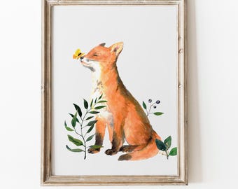 Fox Butterfly Watercolor Nursery Art Vintage Boys Girls Room Decor | Unique Artwork Moorfield Prints PRINTABLE Digital Download 092