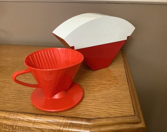 Melitta vintage Coffee Filter Dispenser and Coffee Filter Cone, Rare find Together, Red & White Plastic Dispenser, Orange Red Cone, Holland