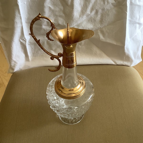 Vintage, MCM, Claret Port Wine Decanter, Made in Italy, Diamond Cut Glass Design, Gold Gilt Trim