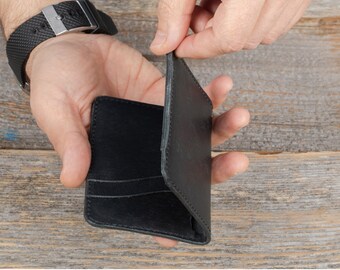 Cartera minimalista de cuero negro para hombre, tarjetero grabado con monograma, regalo para él