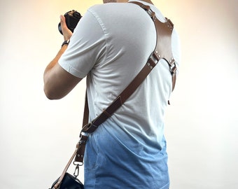 Leather Dual DSLR Camera Harness Strap / Monogrammed Double Camera Strap