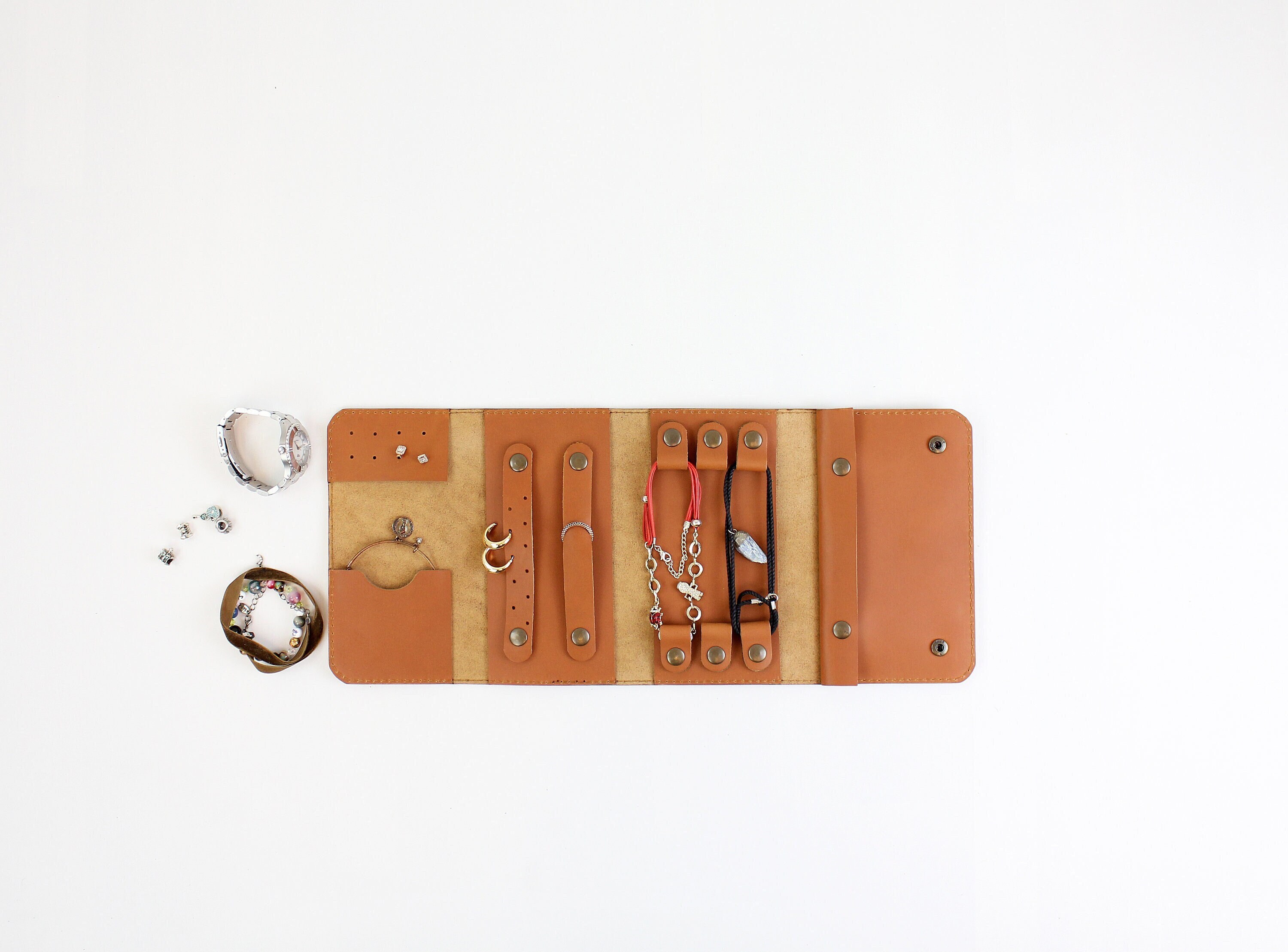 Travel Jewelry Roll Holder / Leather Jewelry Organizer Case / Personalized Jewelry Roll