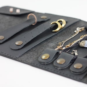 Black Leather Jewelry Travel Organizer / Personalized Jewelry Roll Case