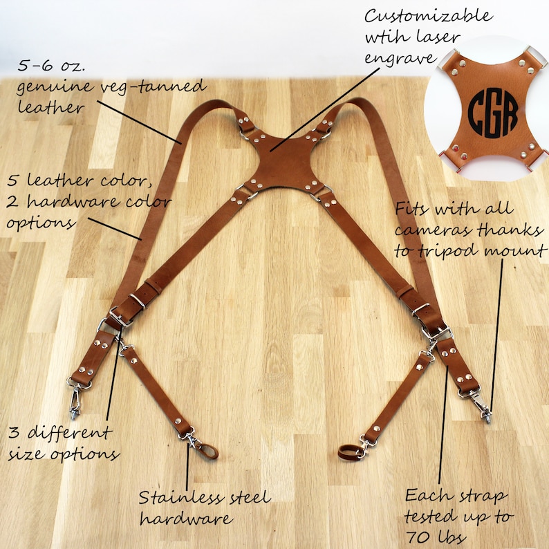 Leather Dual DSLR Camera Harness Strap / Wedding Photographer Gift image 2