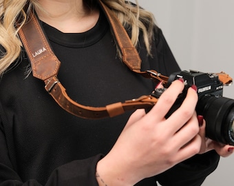 Correa de cuero ajustable para cámara / Personalizada, cómoda almohadilla para el cuello, compatible con cámaras sin espejo y DSLR / Regalo para el Día del Padre