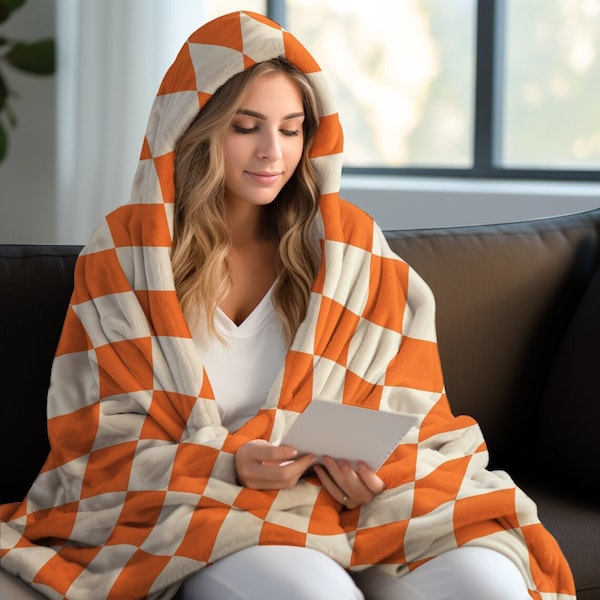 Orange Checkered Hoodie Blanket,Super Cozy Blanket,Minky Blanket,Soft Minky Dot Dog/Baby Blanket,Cozy Throw Blankets for Adult Kid