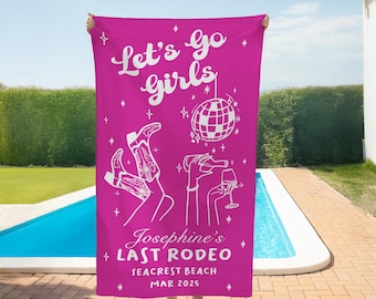 Telo da spiaggia personalizzato per addio al nubilato con tema "Disco Cowgirls", festa in piscina "Ultimo Rodeo"