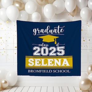 Aangepaste afstudeerbanner, gepersonaliseerde klas van 2025 wandtapijt, naam en schoolafstuderen decoratie, achtergrond afstudeerfeest middelbare school