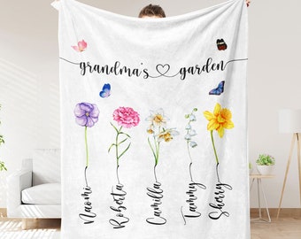 Benutzerdefinierte Omas Gartendecke, Mutterdecke mit dem Namen der Kinder, personalisiertes Weihnachtsgeschenk, Geburtsblumendecke, Geschenk für Mutter von Tochter / Sohn