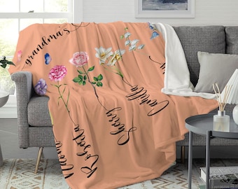 Benutzerdefinierte Mamas Gartendecke, Mutterdecke mit Kindernamen, personalisiertes Oma Geschenk, benutzerdefinierte Geburtsblumendecke, Geschenk für Oma, Weihnachtsgeschenk